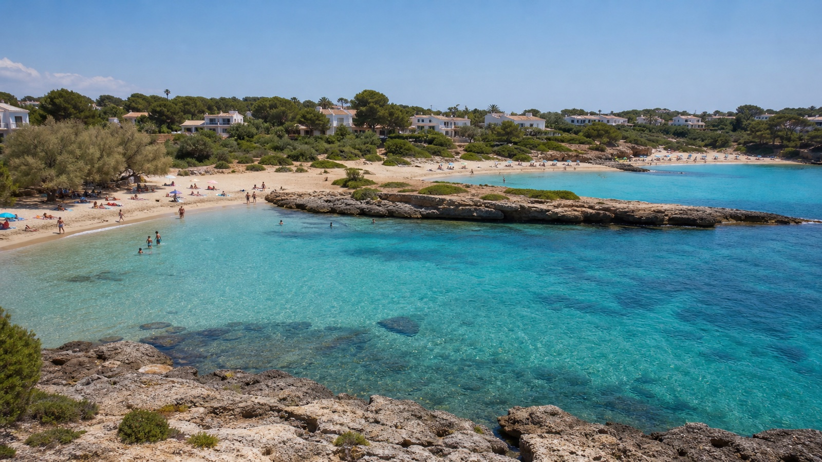 KI-generiertes Stimmungsbild von S’Arenal Gran und Petit in der Bucht von Portocolom mit Sand, Tamarisken und ruhigem Wasser