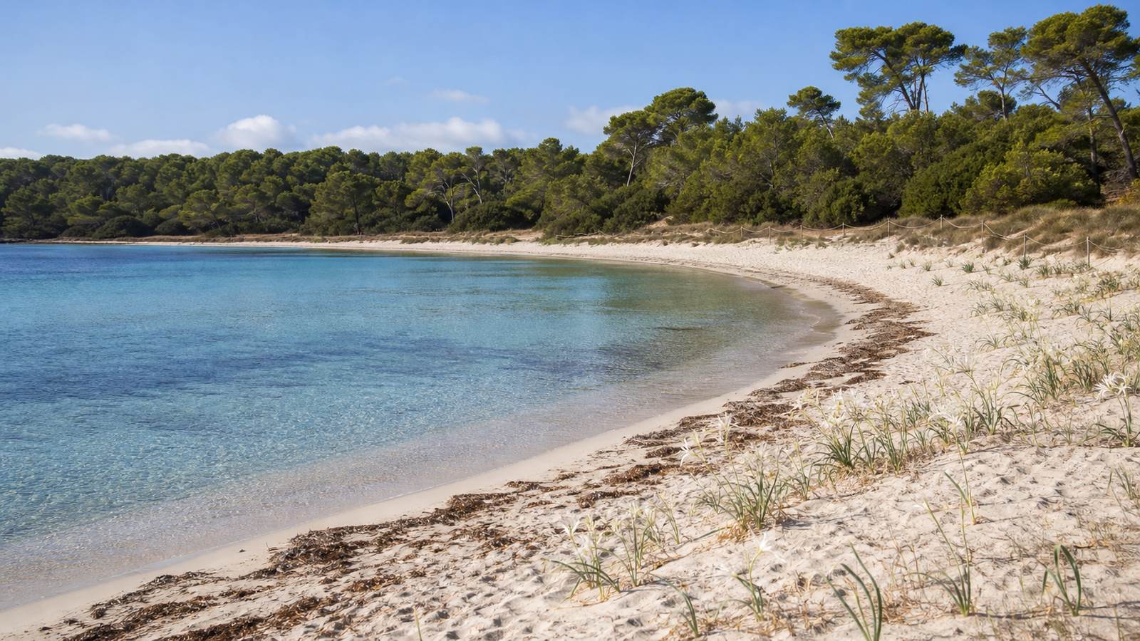 KI-generiertes Stimmungsbild von S’Arenal d’en Casat mit hellem Sand, Posidonia, Dünen und Pinienwald