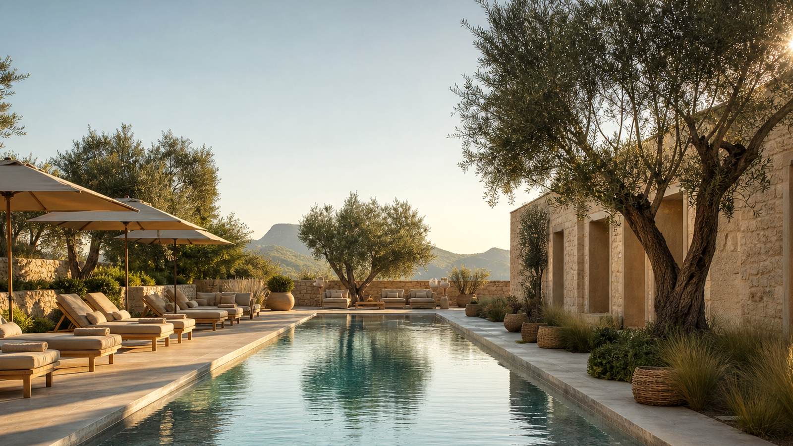 KI-generiertes Mallorca-Stimmungsbild eines mediterranen Hotel-Außenbereichs für den Hotelcheck des Sauló by Puro in Can Pastilla