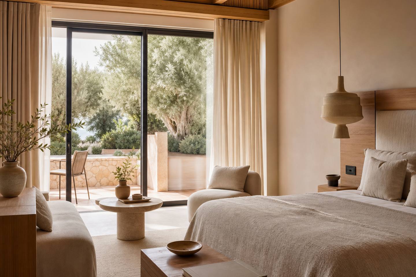 KI-generiertes redaktionelles Stimmungsbild eines mediterranen Hotelzimmers für den Hotelcheck des Sauló by Puro in Can Pastilla