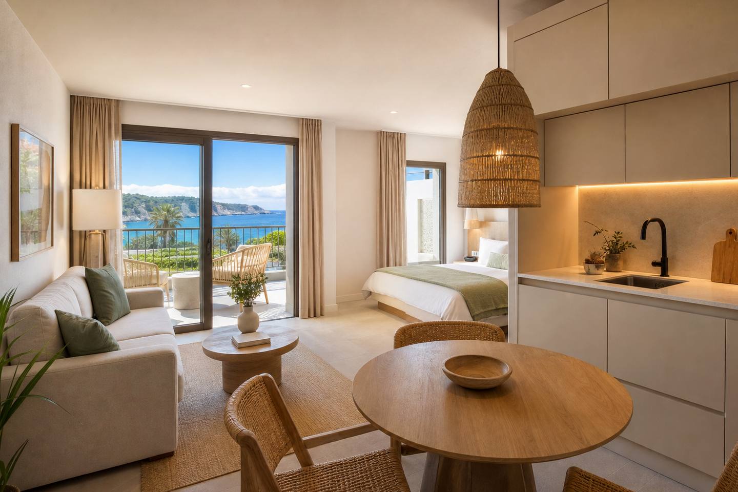 KI-generiertes redaktionelles Stimmungsbild eines mediterranen Hotelzimmers für den Hotelcheck des SCOTT´S GALILEA in Galilea