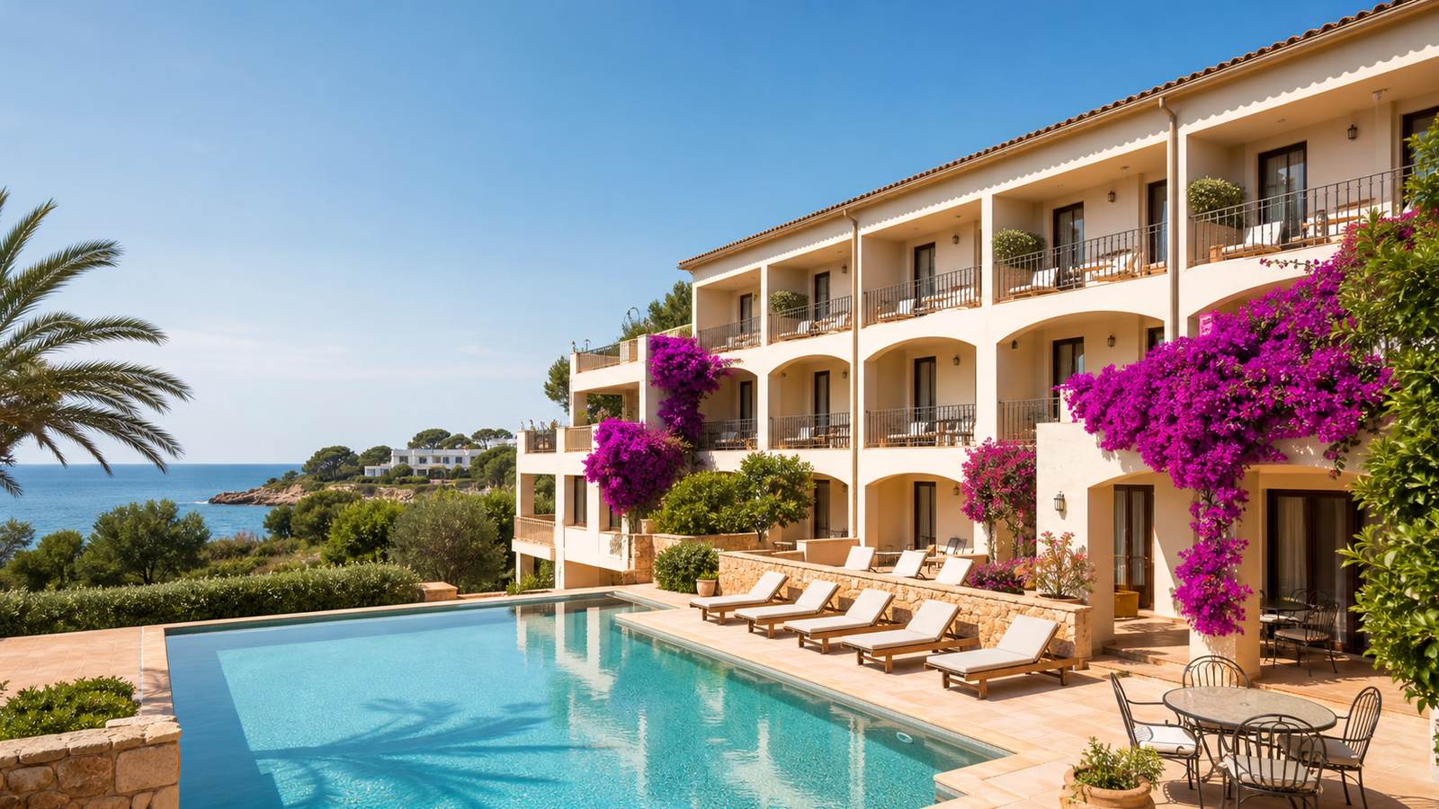 KI-generiertes Mallorca-Stimmungsbild eines mediterranen Hotel-Außenbereichs für den Hotelcheck des SEA CLUB MEDITERRANEAN RESORT in Port D´Alcúdia
