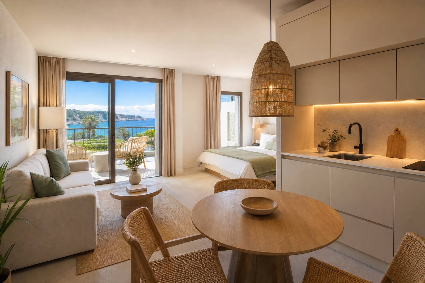 KI-generiertes redaktionelles Stimmungsbild eines mediterranen Hotelzimmers für den Hotelcheck des SEA CLUB MEDITERRANEAN RESORT in Port D´Alcúdia