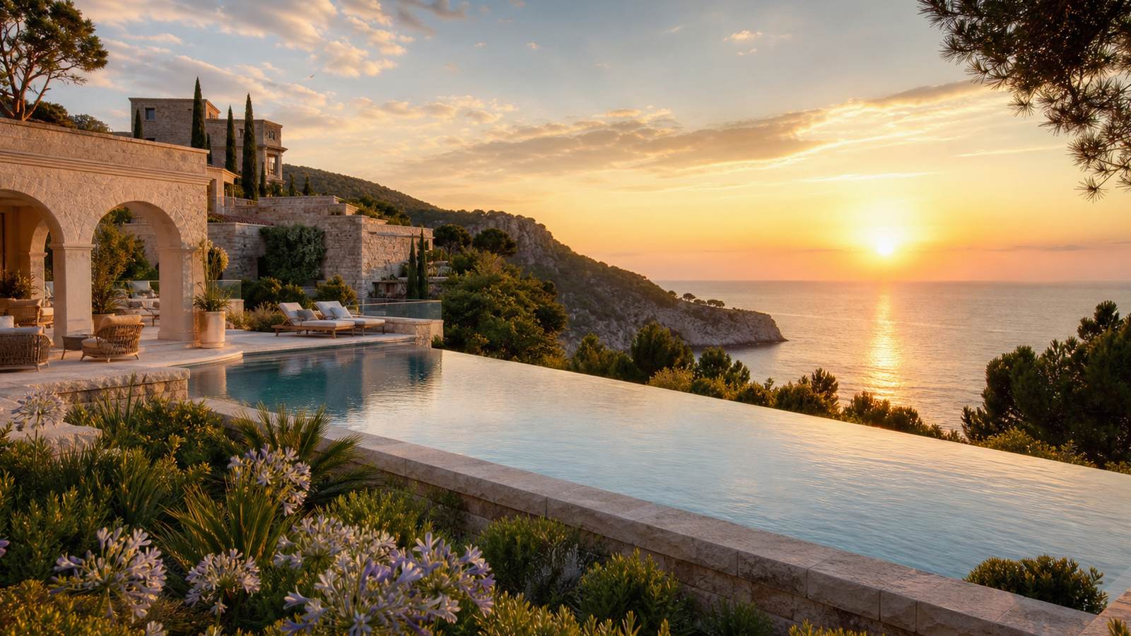KI-generiertes Mallorca-Stimmungsbild eines mediterranen Hotel-Außenbereichs für den Hotelcheck des Secrets Mallorca Villamil Resort & Spa in Peguera