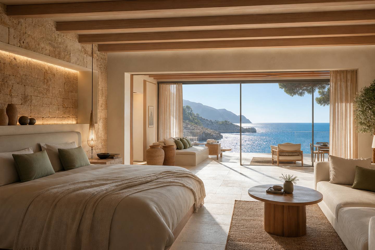 KI-generiertes redaktionelles Stimmungsbild eines mediterranen Hotelzimmers für den Hotelcheck des Secrets Mallorca Villamil Resort & Spa in Peguera