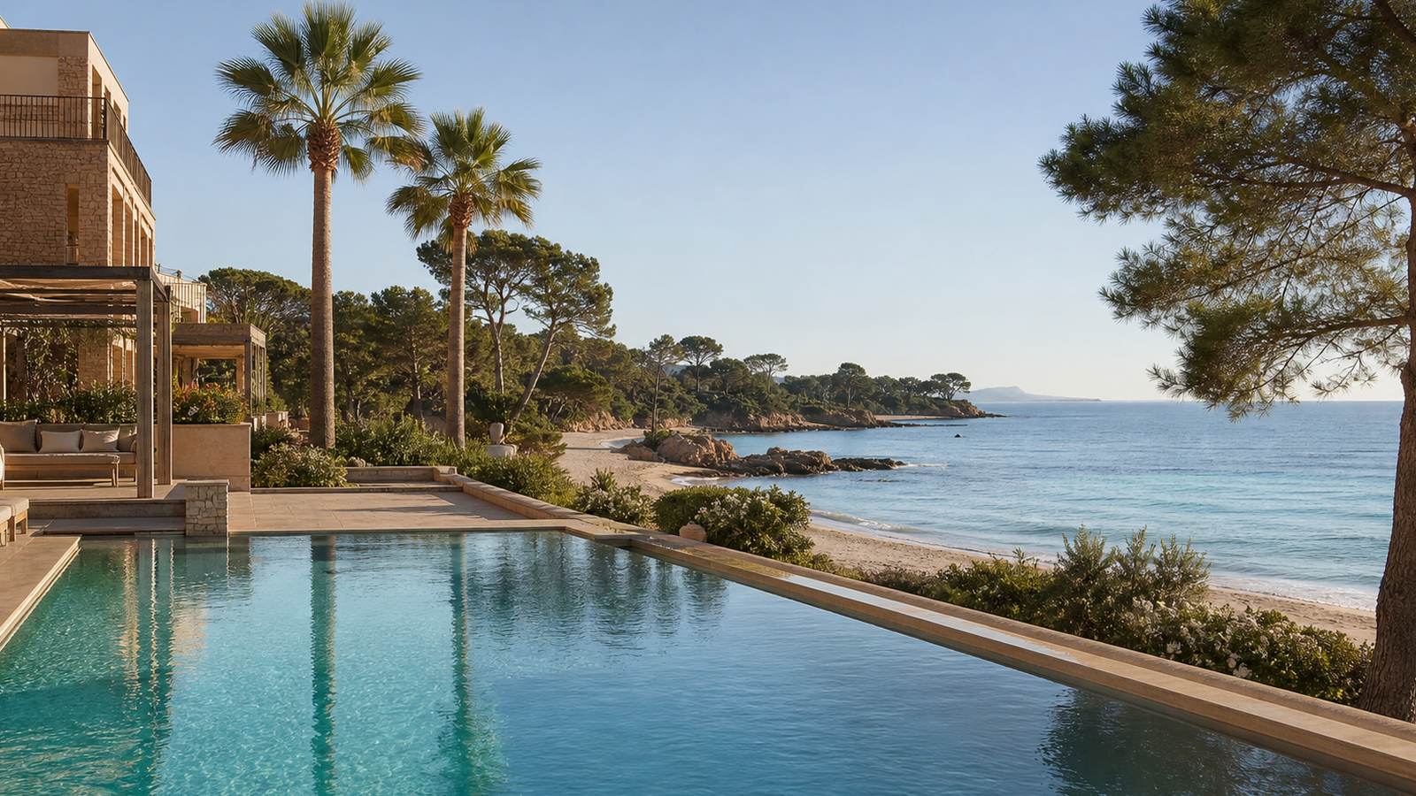 KI-generiertes Mallorca-Stimmungsbild eines mediterranen Hotel-Außenbereichs für den Hotelcheck des SENTIDO PUNTA DEL MAR in Santa Ponça