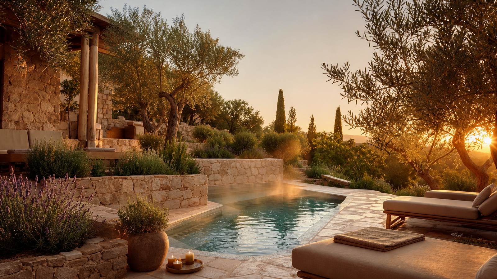 KI-generiertes Mallorca-Stimmungsbild eines mediterranen Hotel-Außenbereichs für den Hotelcheck des S´ENTRADOR PLAYA in Cala Rajada