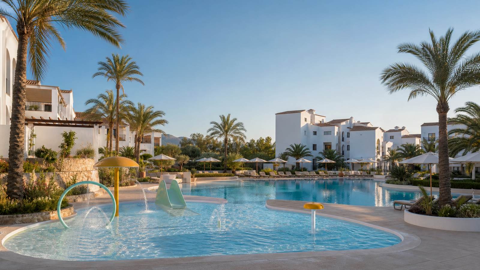KI-generiertes Mallorca-Stimmungsbild eines mediterranen Hotel-Außenbereichs für den Hotelcheck des SERENA SOL in Cala Ferrera