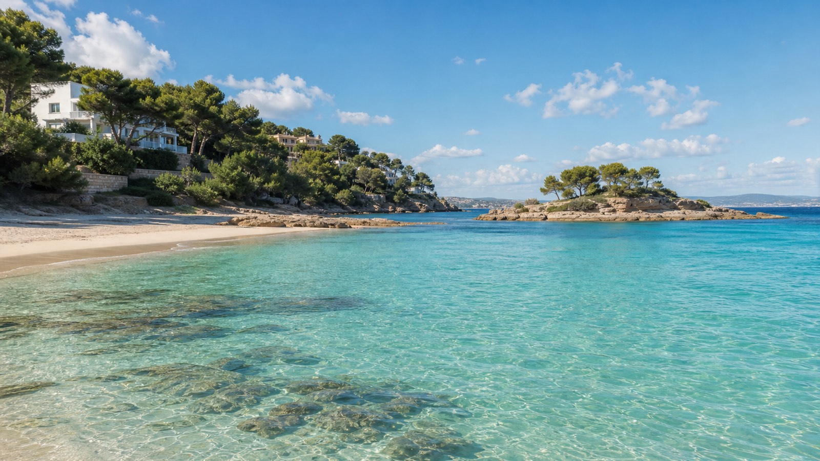 KI-generiertes Stimmungsbild von Ses Illetes auf Mallorca mit feinem Sand, klarem Wasser, kleiner Felseninsel und Kiefern