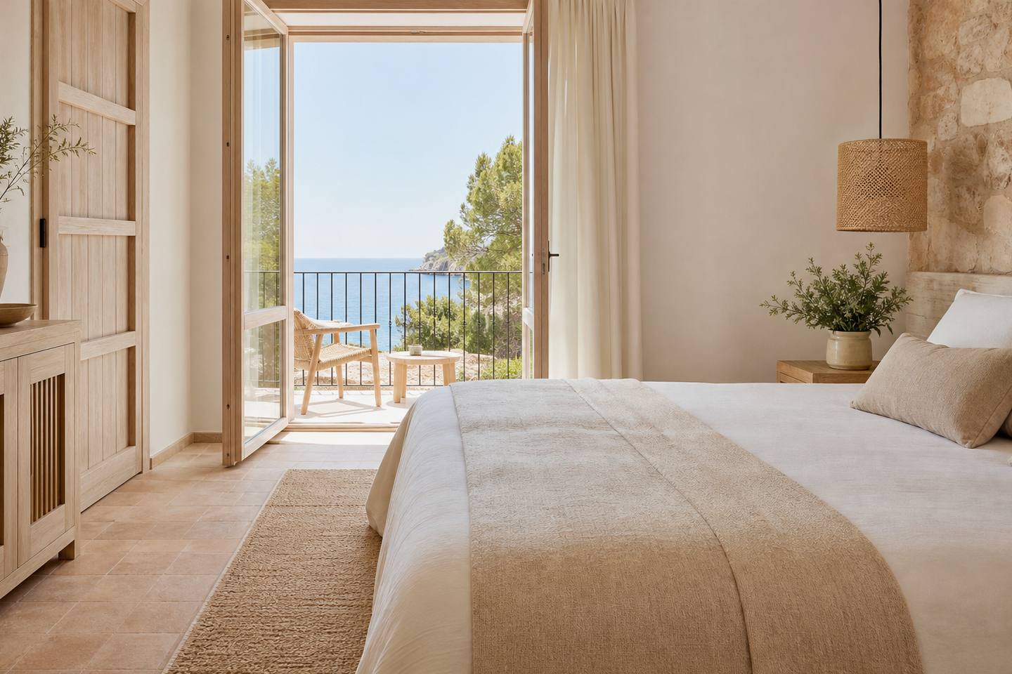 KI-generiertes redaktionelles Stimmungsbild eines mediterranen Hotelzimmers für den Hotelcheck des Smy Vistamar Portocolom in Portocolom
