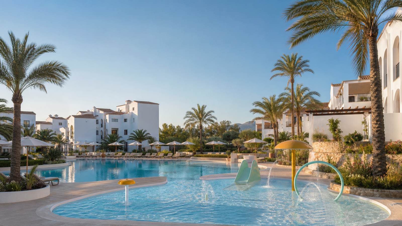 KI-generiertes Mallorca-Stimmungsbild eines mediterranen Hotel-Außenbereichs für den Hotelcheck des SOL BARBADOS in Magaluf