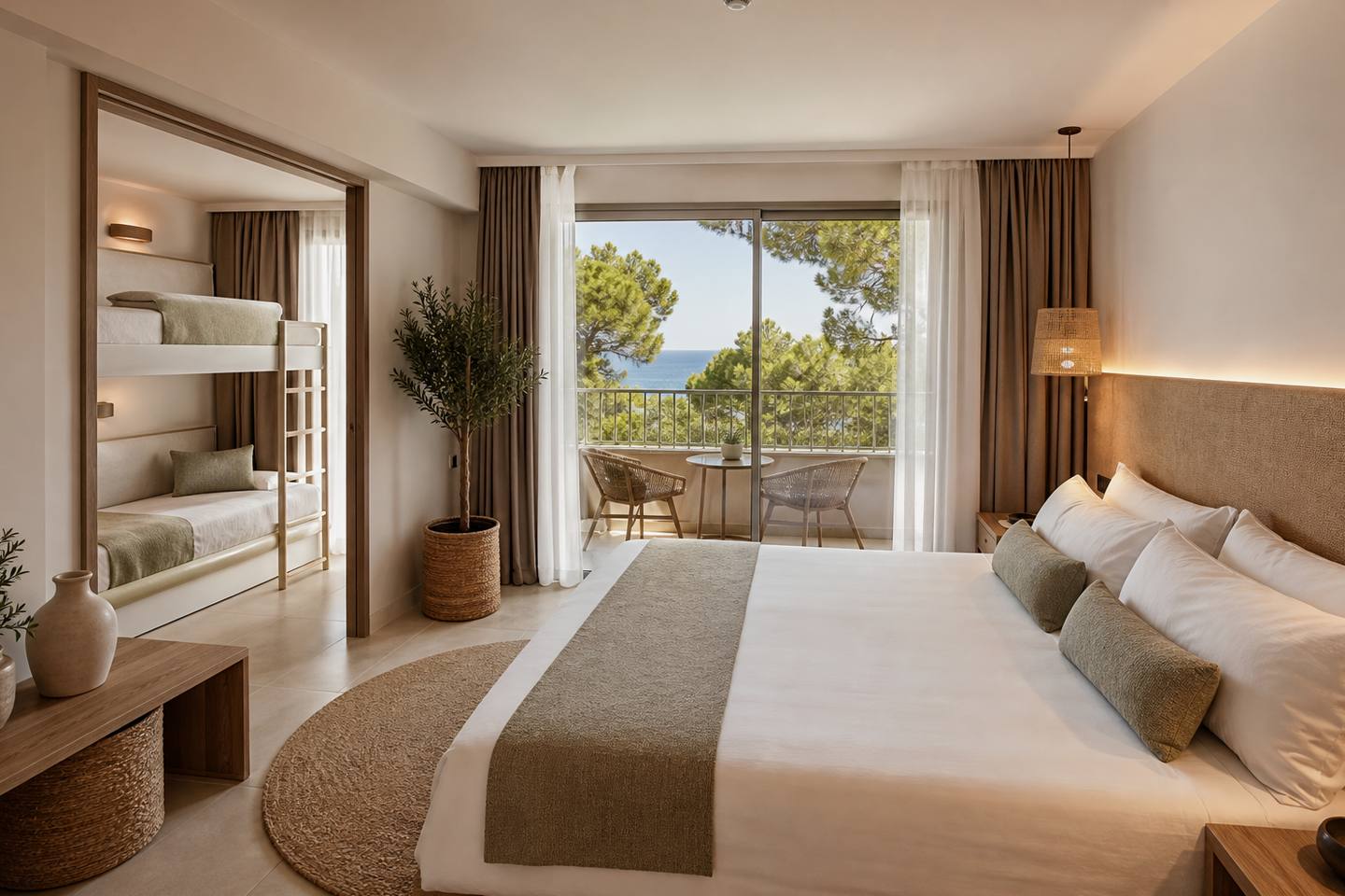 KI-generiertes redaktionelles Stimmungsbild eines mediterranen Hotelzimmers für den Hotelcheck des SOL BARBADOS in Magaluf