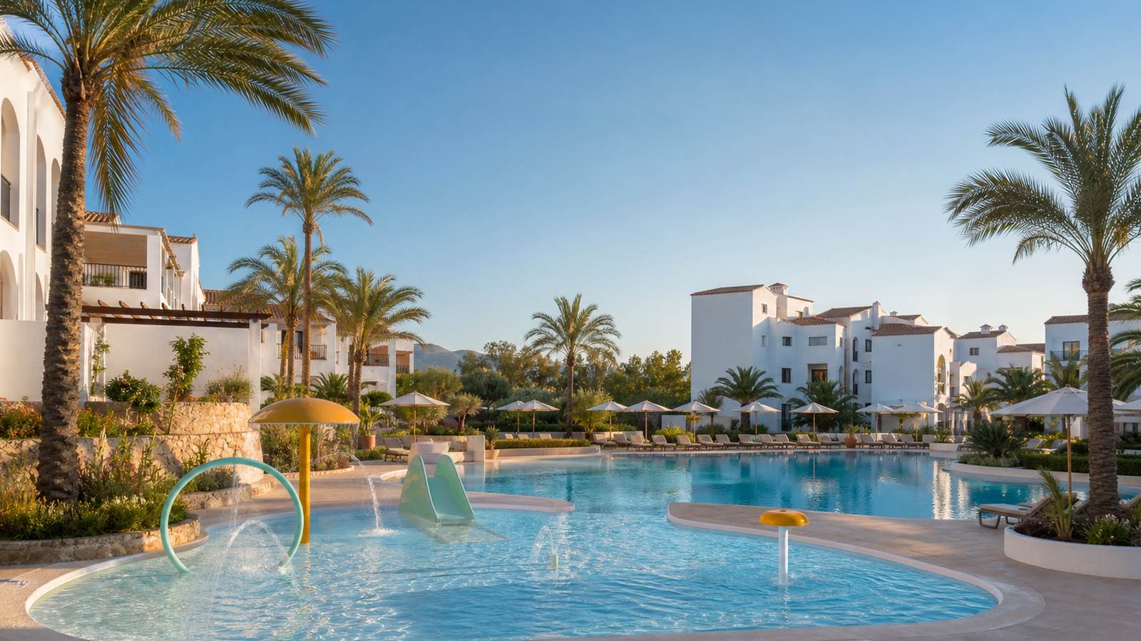 KI-generiertes Mallorca-Stimmungsbild eines mediterranen Hotel-Außenbereichs für den Hotelcheck des SOL DE ALCUDIA in Port D´Alcúdia