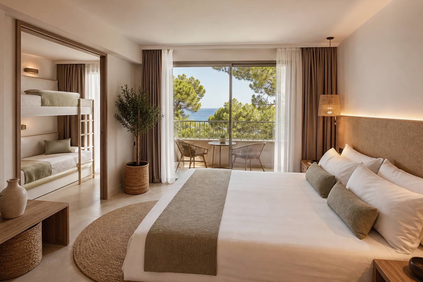 KI-generiertes redaktionelles Stimmungsbild eines mediterranen Hotelzimmers für den Hotelcheck des SOL DE ALCUDIA in Port D´Alcúdia