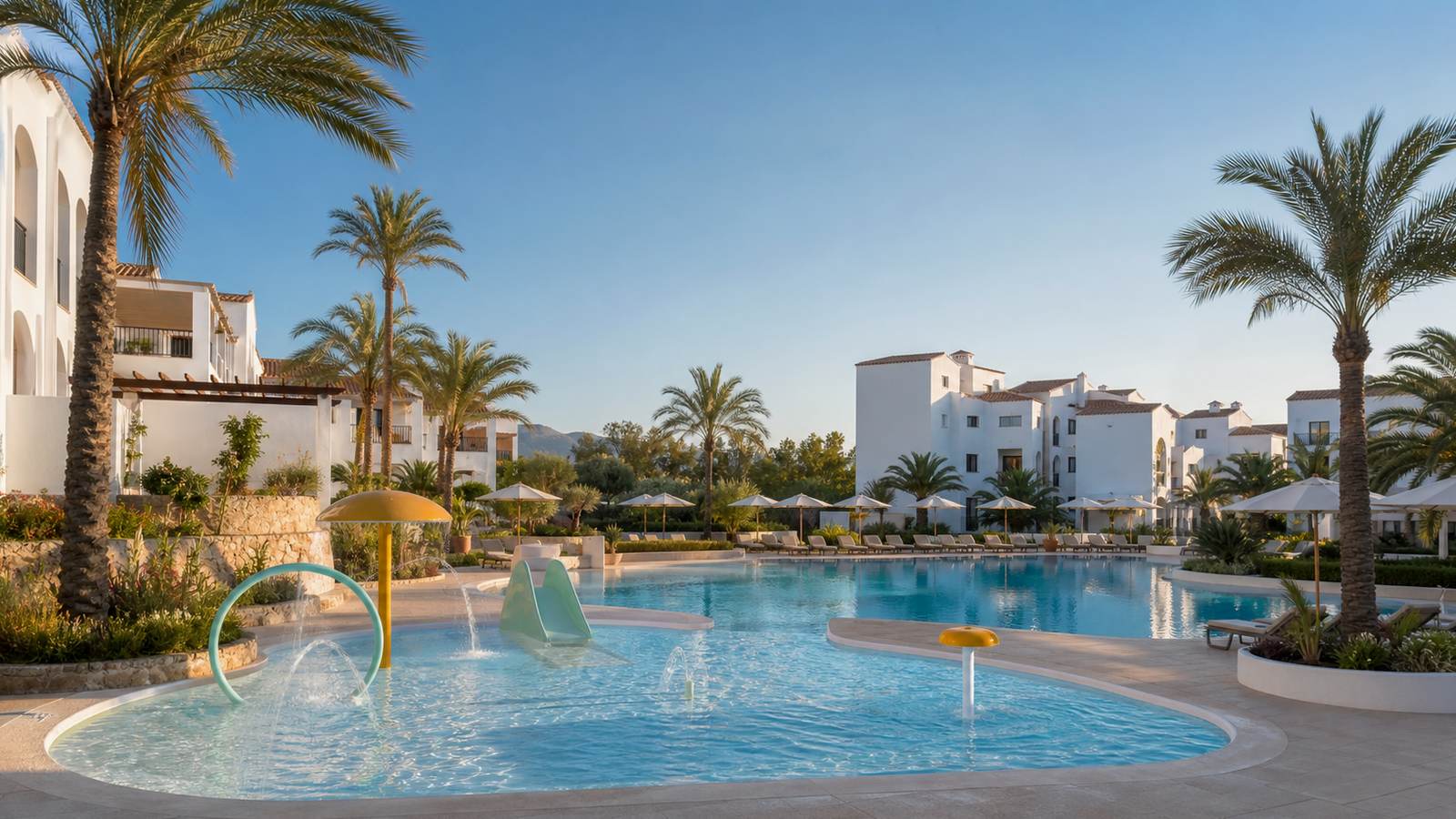 KI-generiertes Mallorca-Stimmungsbild eines mediterranen Hotel-Außenbereichs für den Hotelcheck des SOL LUNAMAR in Palmanova