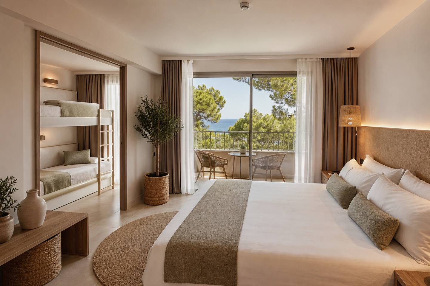 KI-generiertes redaktionelles Stimmungsbild eines mediterranen Hotelzimmers für den Hotelcheck des SOL LUNAMAR in Palmanova