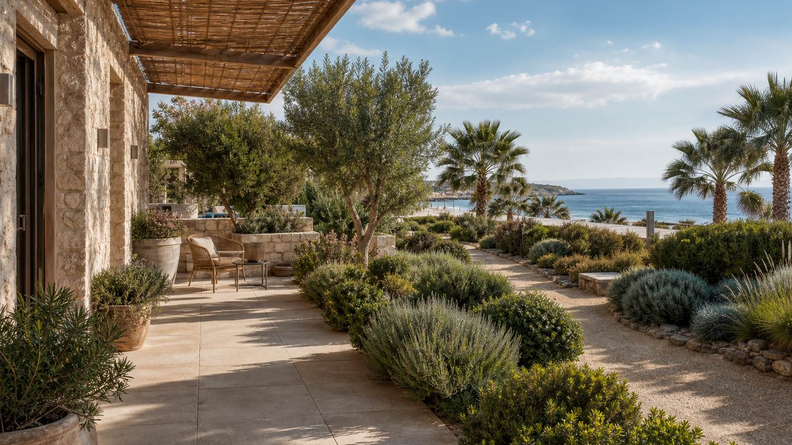 KI-generiertes Mallorca-Stimmungsbild eines mediterranen Hotel-Außenbereichs für den Hotelcheck des SOL WAVE HOUSE MALLORCA in Magaluf