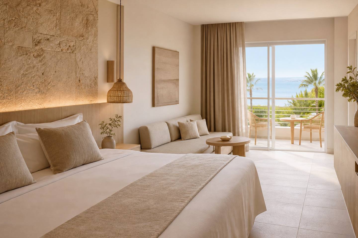 KI-generiertes redaktionelles Stimmungsbild eines mediterranen Hotelzimmers für den Hotelcheck des SOL WAVE HOUSE MALLORCA in Magaluf