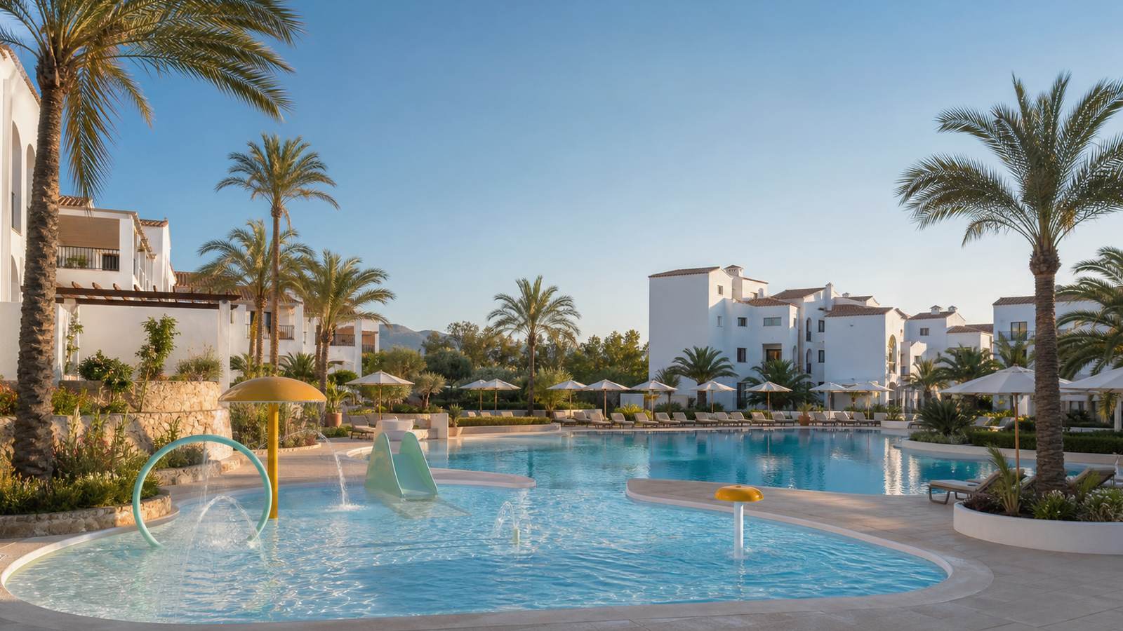 KI-generiertes Mallorca-Stimmungsbild eines mediterranen Hotel-Außenbereichs für den Hotelcheck des SOLECITO in Port D´Alcúdia