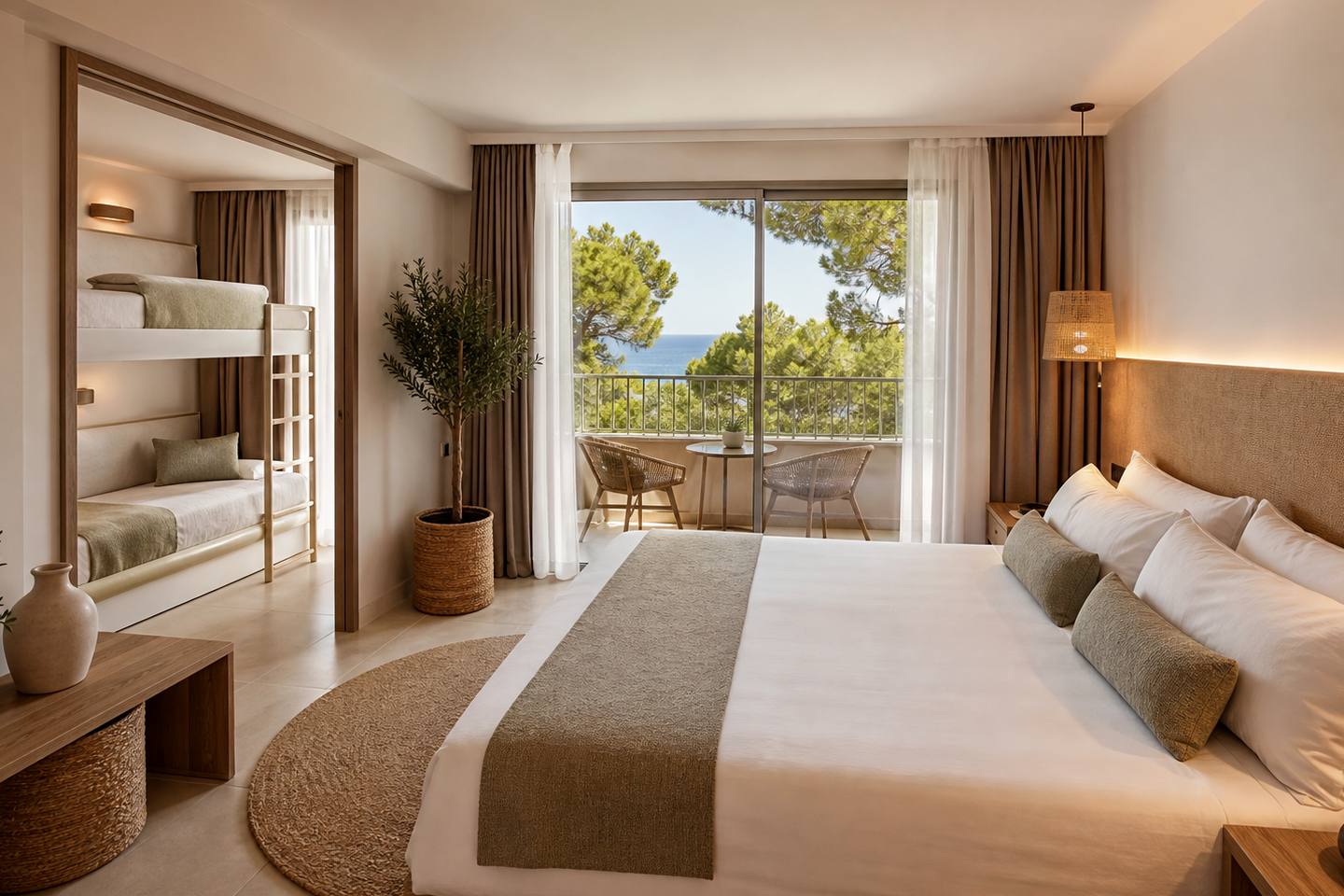 KI-generiertes redaktionelles Stimmungsbild eines mediterranen Hotelzimmers für den Hotelcheck des SOLECITO in Port D´Alcúdia