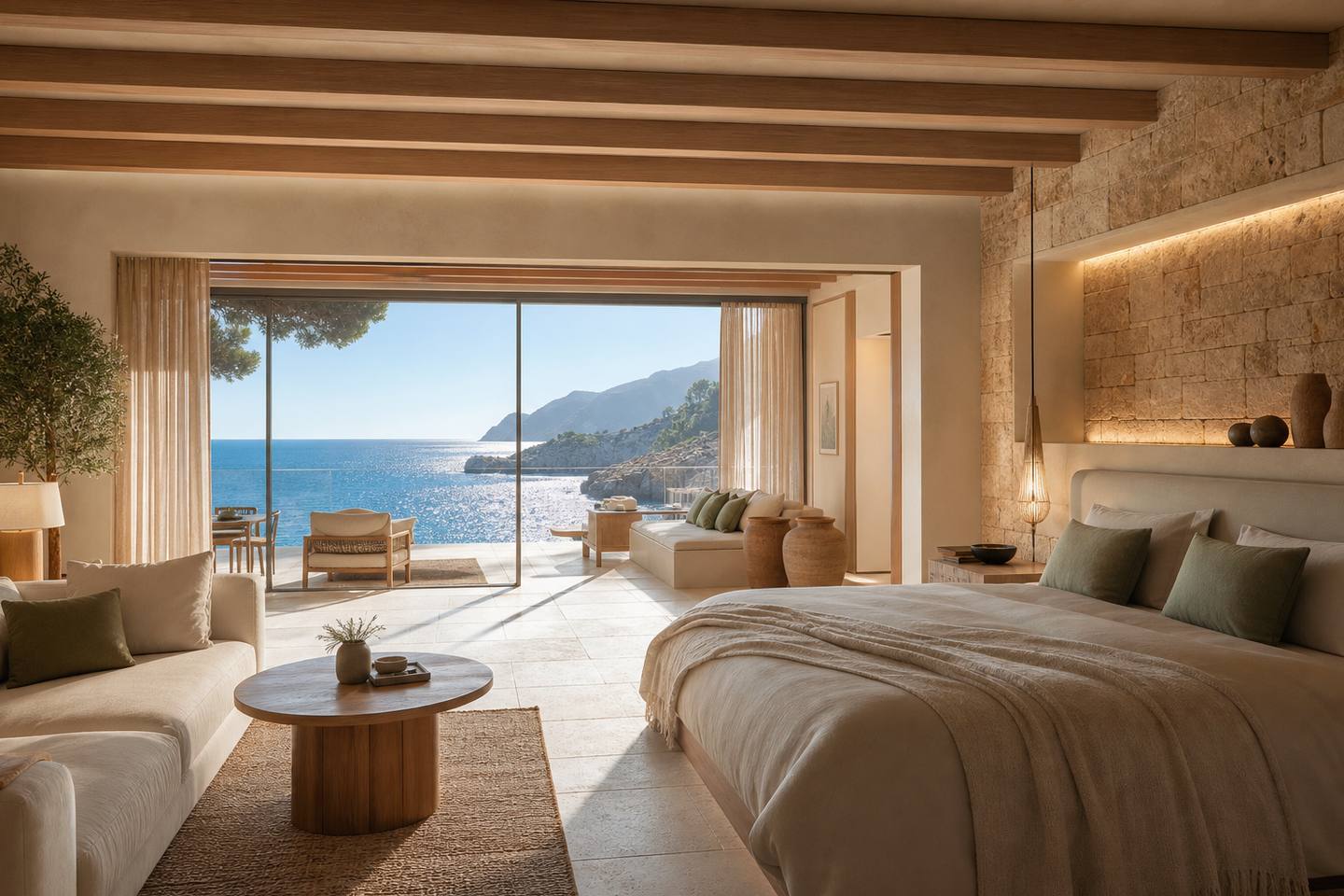 KI-generiertes redaktionelles Stimmungsbild eines mediterranen Hotelzimmers für den Hotelcheck des S´OLIVARET in Alaró