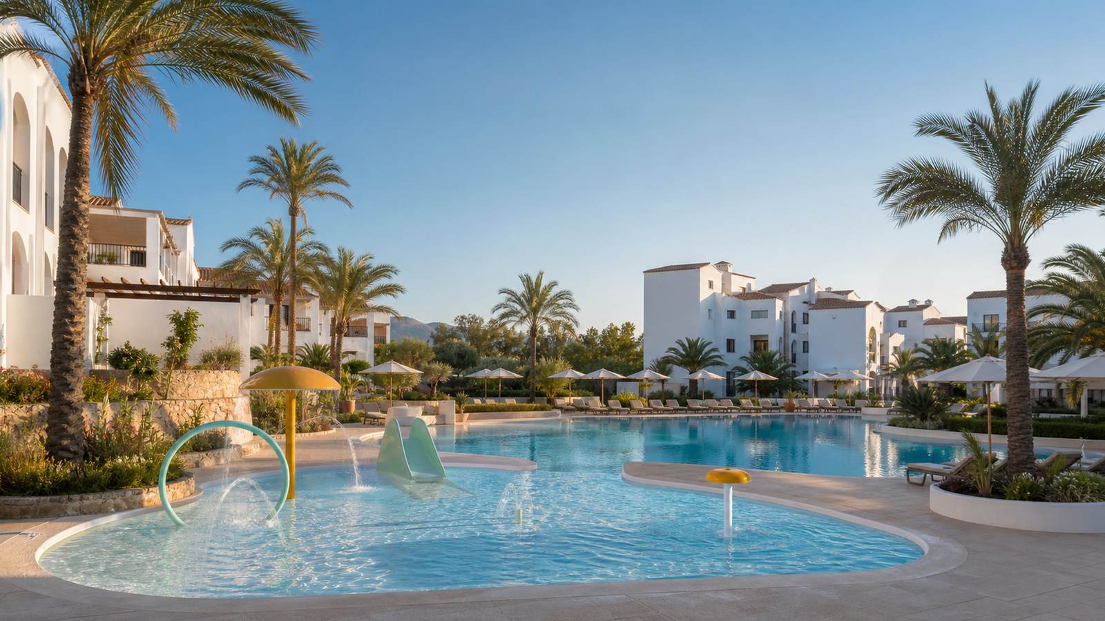 KI-generiertes Mallorca-Stimmungsbild eines mediterranen Hotel-Außenbereichs für den Hotelcheck des SOLLER CENTER in Sóller