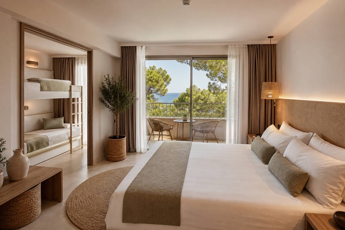 KI-generiertes redaktionelles Stimmungsbild eines mediterranen Hotelzimmers für den Hotelcheck des SOLLER CENTER in Sóller
