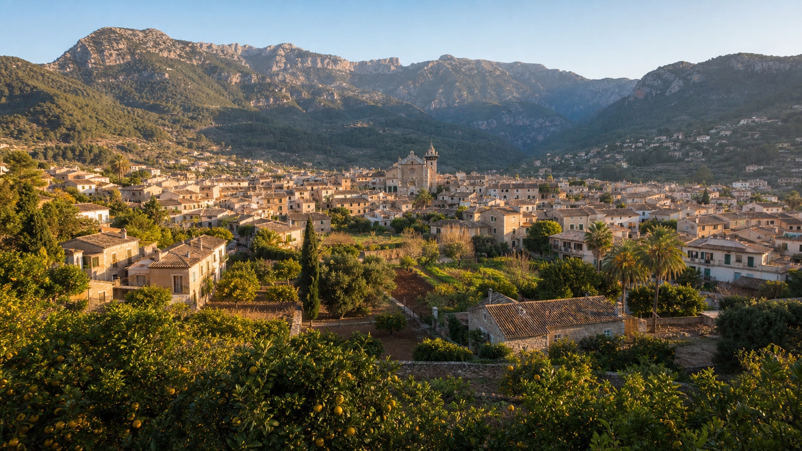 KI-generiertes Stimmungsbild von Sóller mit Natursteinhäusern, Zitrusgärten und Bergen der Serra de Tramuntana