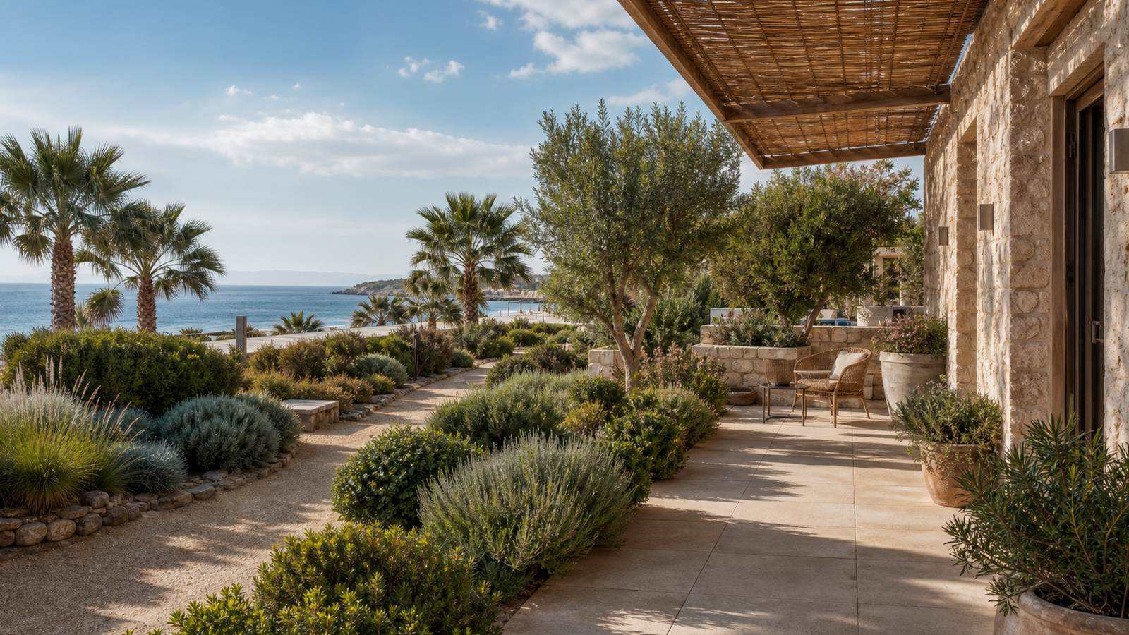KI-generiertes Mallorca-Stimmungsbild eines mediterranen Hotel-Außenbereichs für den Hotelcheck des SOLLER PLAZA in Sóller