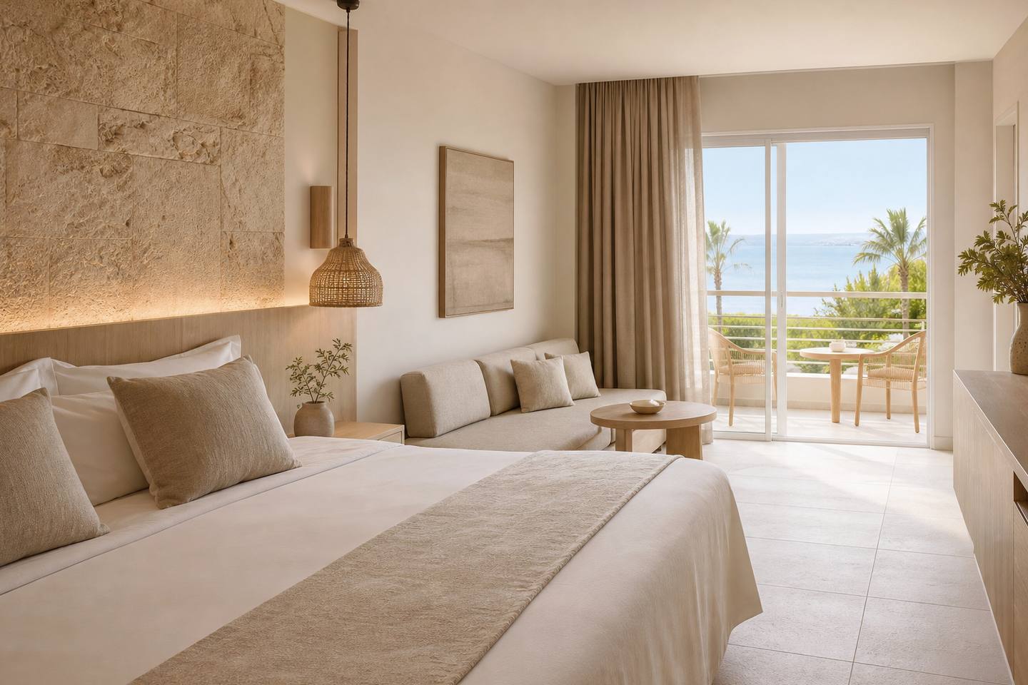KI-generiertes redaktionelles Stimmungsbild eines mediterranen Hotelzimmers für den Hotelcheck des SOLLER PLAZA in Sóller