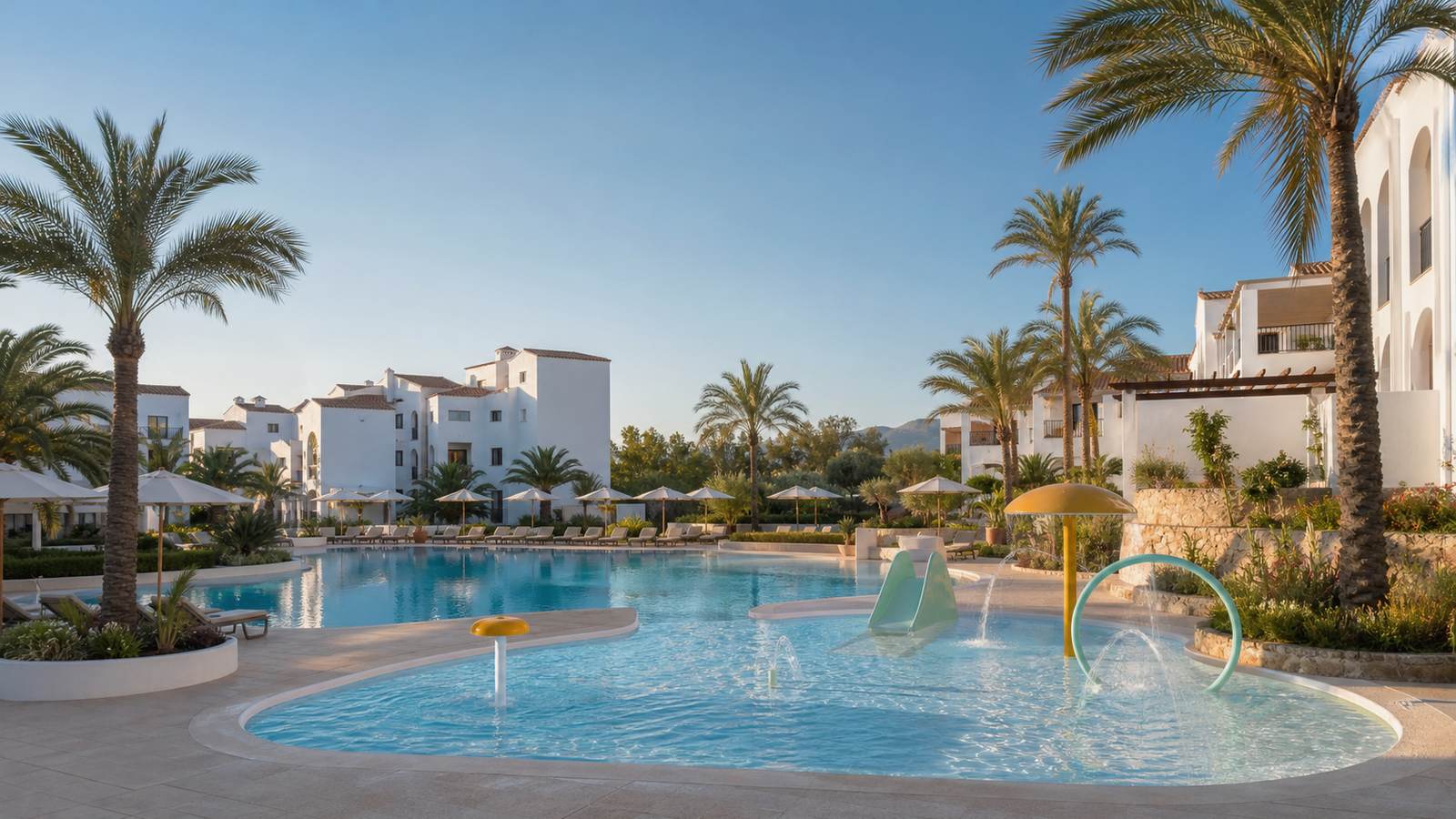 KI-generiertes Mallorca-Stimmungsbild eines mediterranen Hotel-Außenbereichs für den Hotelcheck des SOLLEROOMS in Sóller