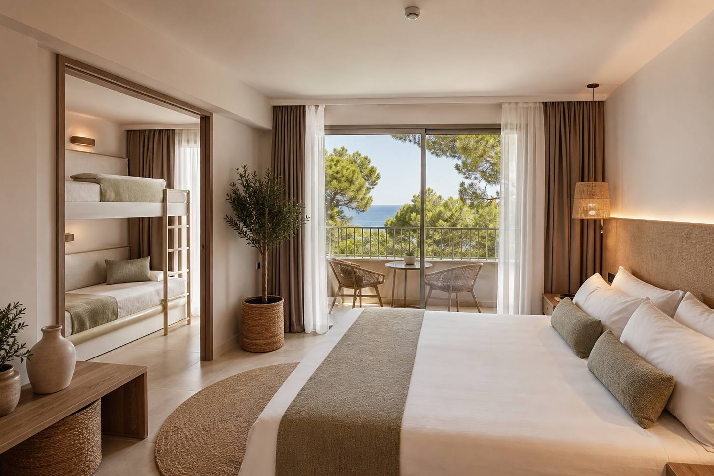 KI-generiertes redaktionelles Stimmungsbild eines mediterranen Hotelzimmers für den Hotelcheck des SOLLEROOMS in Sóller