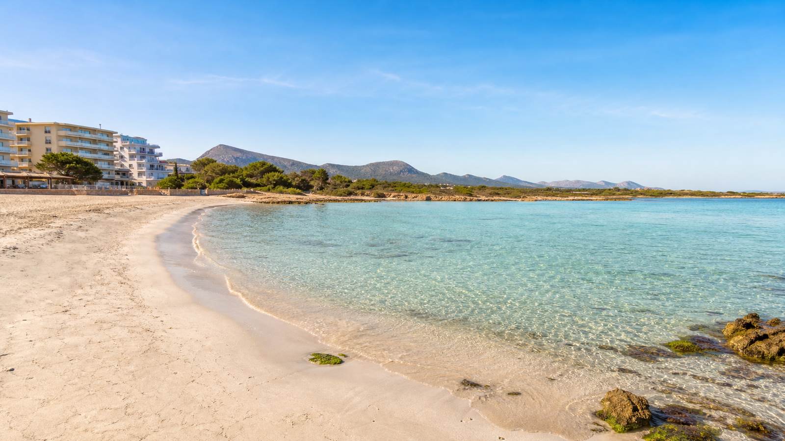 KI-generiertes Stimmungsbild des breiten feinsandigen Strands Son Bauló mit klarem Wasser und niedrigen Felsrändern