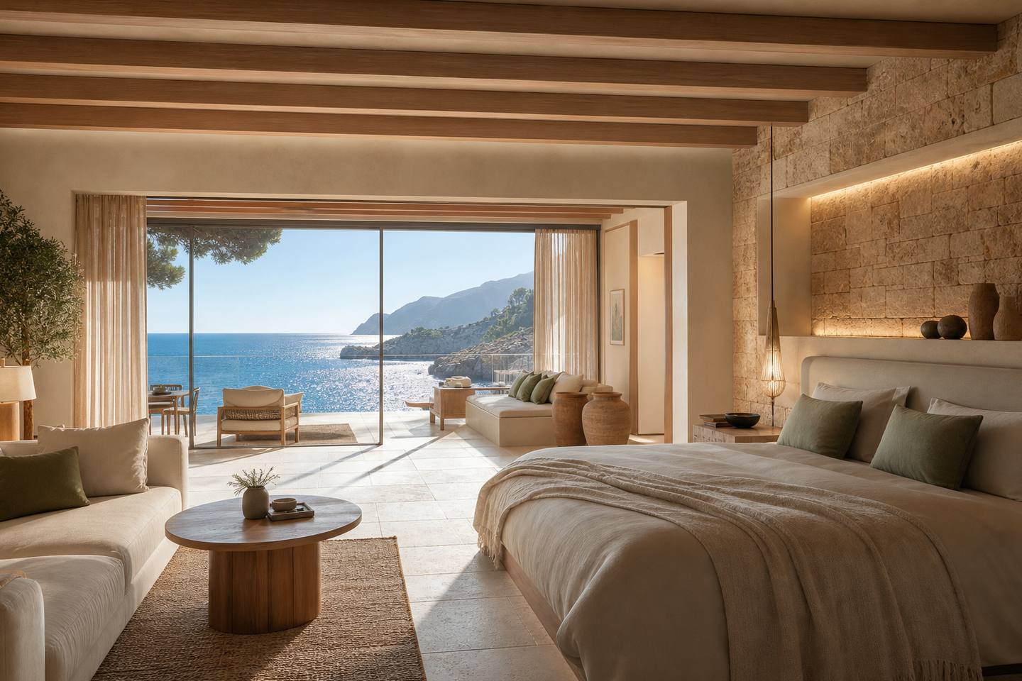 KI-generiertes redaktionelles Stimmungsbild eines mediterranen Hotelzimmers für den Hotelcheck des SON BRULL - HOTEL & SPA in Pollença