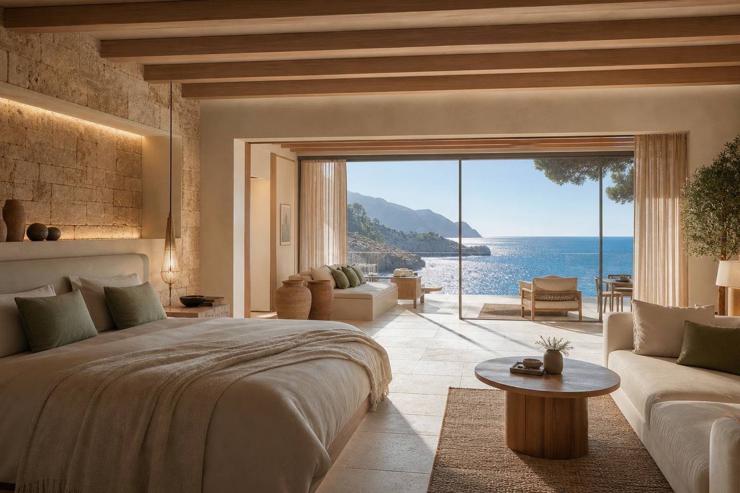 KI-generiertes redaktionelles Stimmungsbild eines mediterranen Hotelzimmers für den Hotelcheck des SON BUNYOLA in Banyalbufar