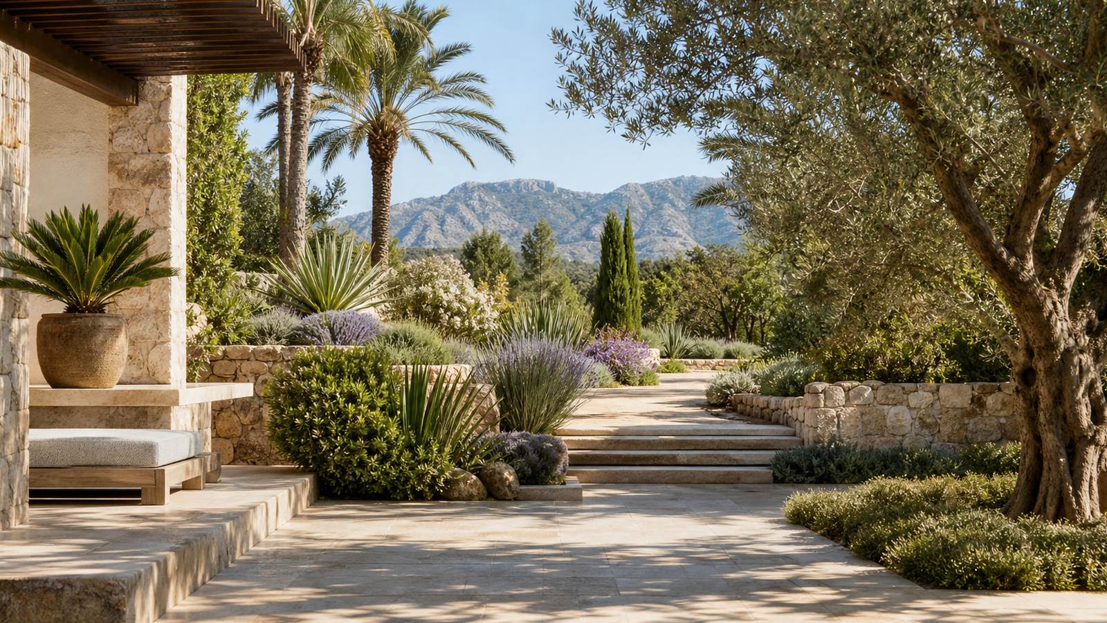 KI-generiertes Mallorca-Stimmungsbild eines mediterranen Hotel-Außenbereichs für den Hotelcheck des SON CALIU SPA OASIS in Son Caliu