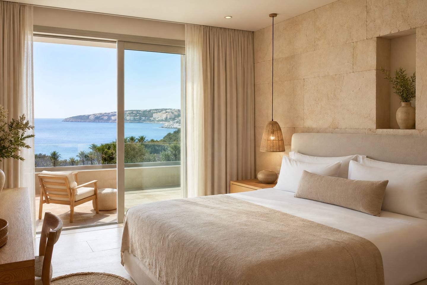 KI-generiertes redaktionelles Stimmungsbild eines mediterranen Hotelzimmers für den Hotelcheck des SON CALIU SPA OASIS in Son Caliu