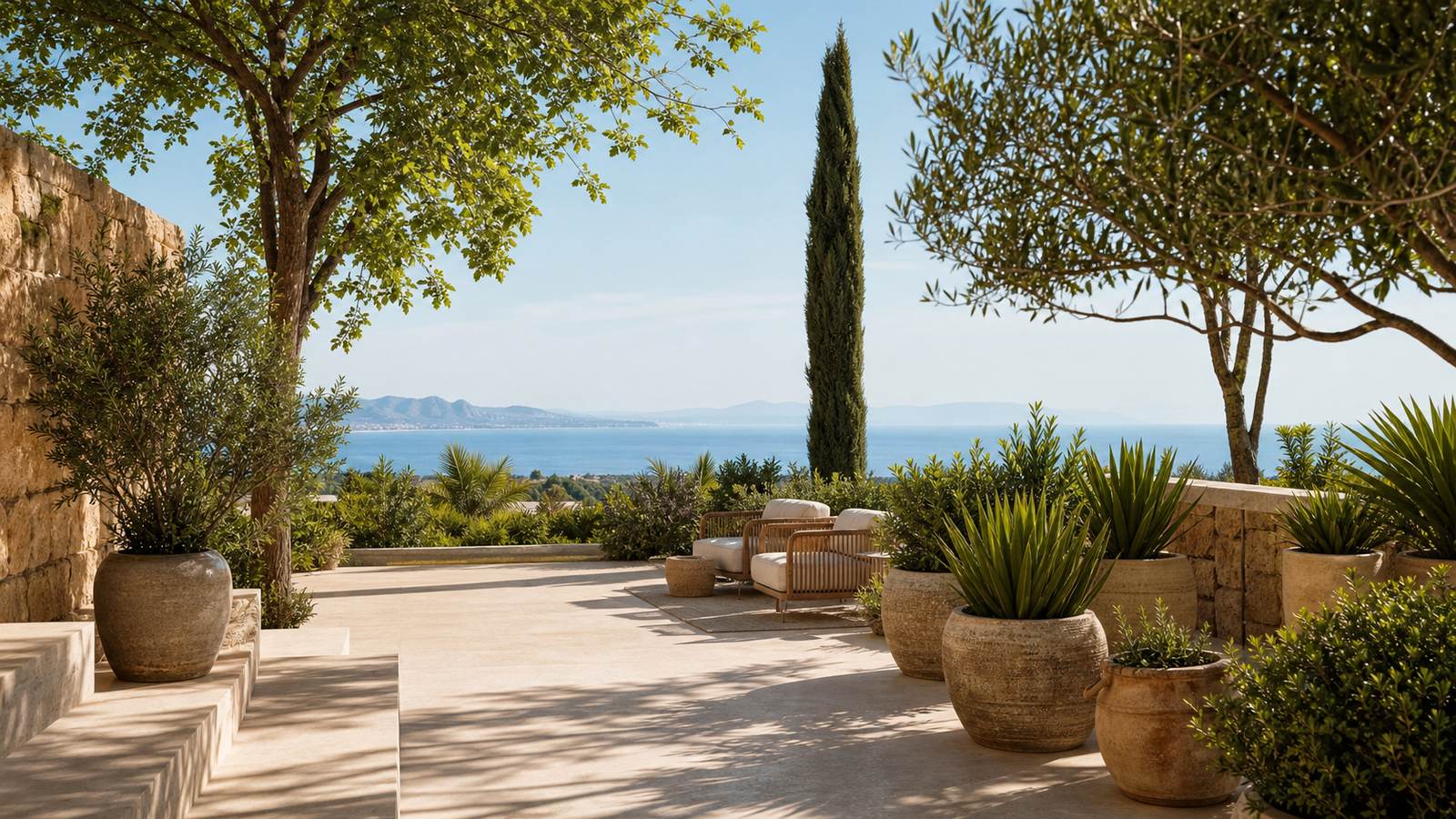 KI-generiertes Mallorca-Stimmungsbild eines mediterranen Hotel-Außenbereichs für den Hotelcheck des SON GALCERAN in Esporles