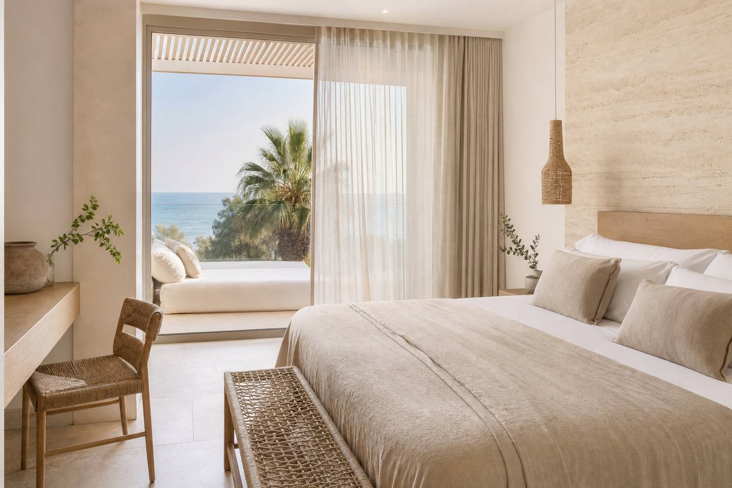 KI-generiertes redaktionelles Stimmungsbild eines mediterranen Hotelzimmers für den Hotelcheck des SON GALCERAN in Esporles