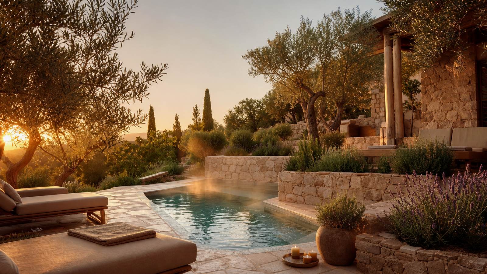 KI-generiertes Mallorca-Stimmungsbild eines mediterranen Hotel-Außenbereichs für den Hotelcheck des SON JULIA COUNTRY HOUSE & SPA in Llucmajor