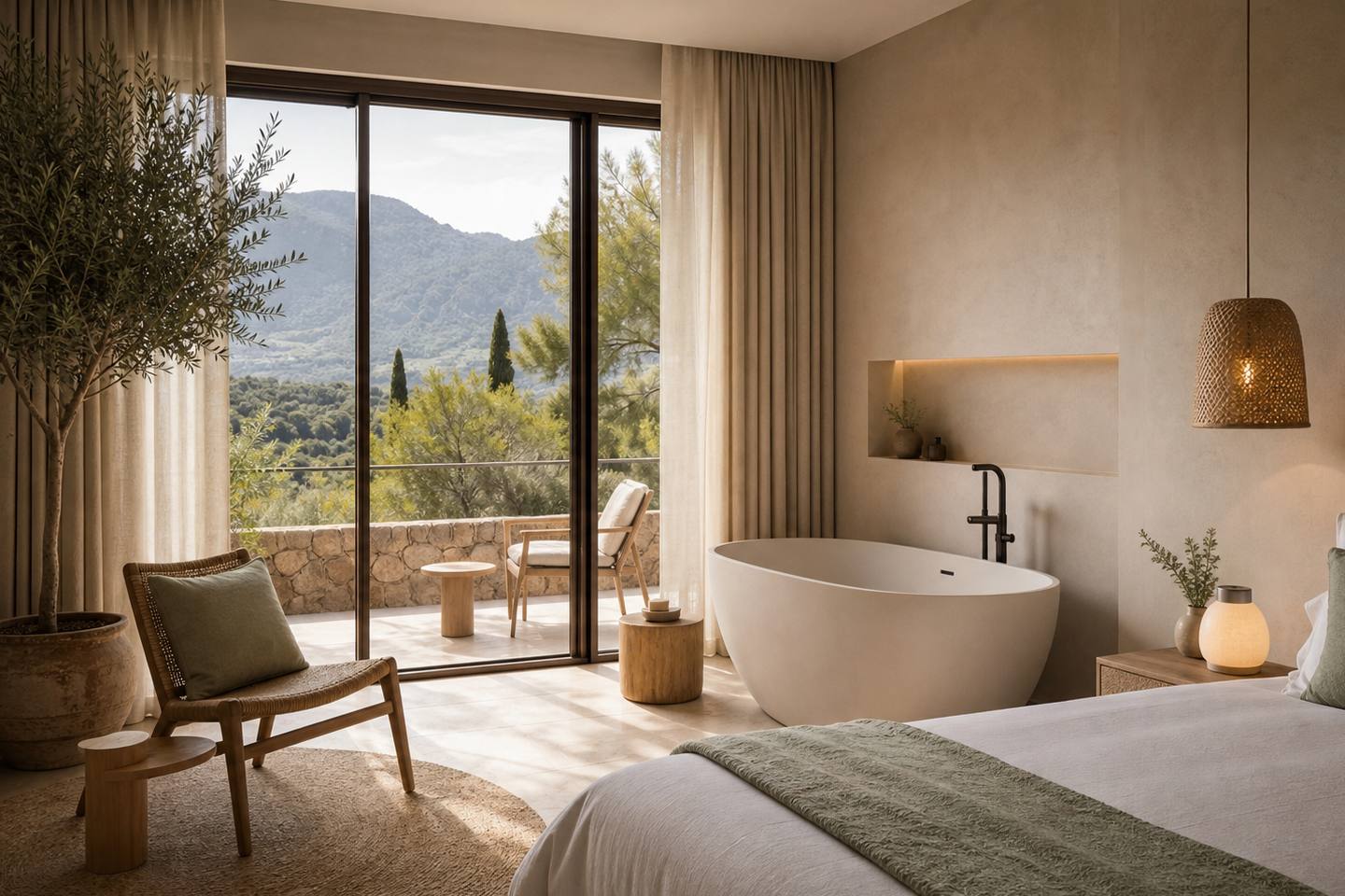 KI-generiertes redaktionelles Stimmungsbild eines mediterranen Hotelzimmers für den Hotelcheck des SON JULIA COUNTRY HOUSE & SPA in Llucmajor