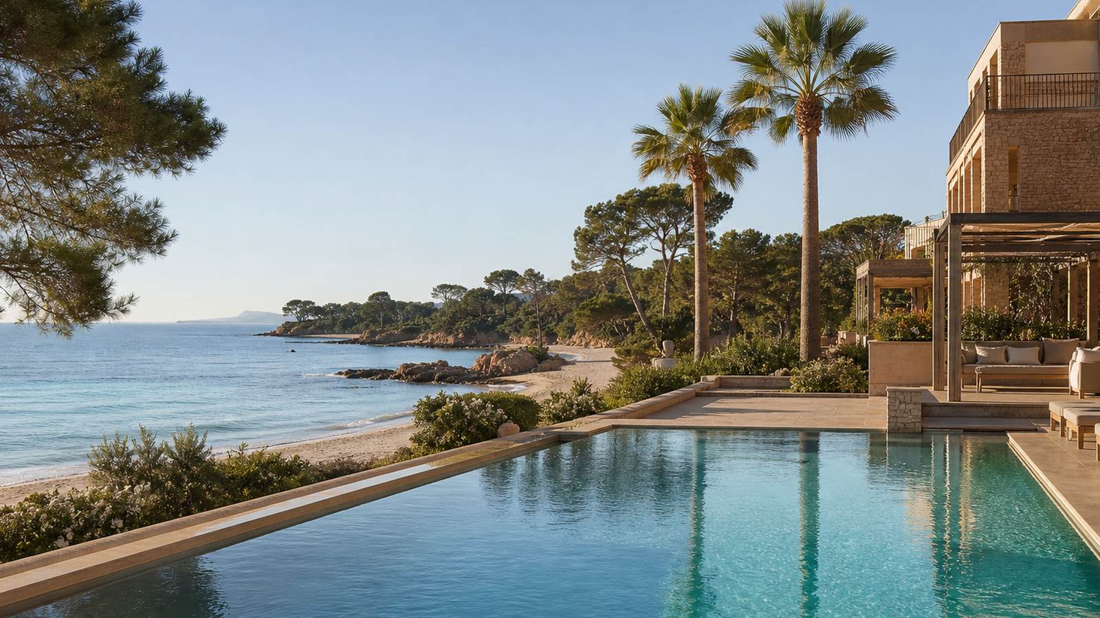 KI-generiertes Mallorca-Stimmungsbild eines mediterranen Hotel-Außenbereichs für den Hotelcheck des Son Margalida in Banyalbufar