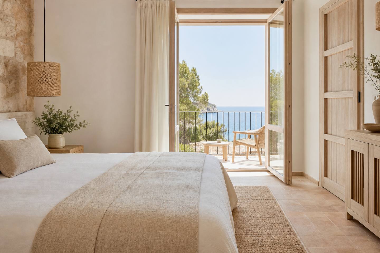 KI-generiertes redaktionelles Stimmungsbild eines mediterranen Hotelzimmers für den Hotelcheck des Son Margalida in Banyalbufar