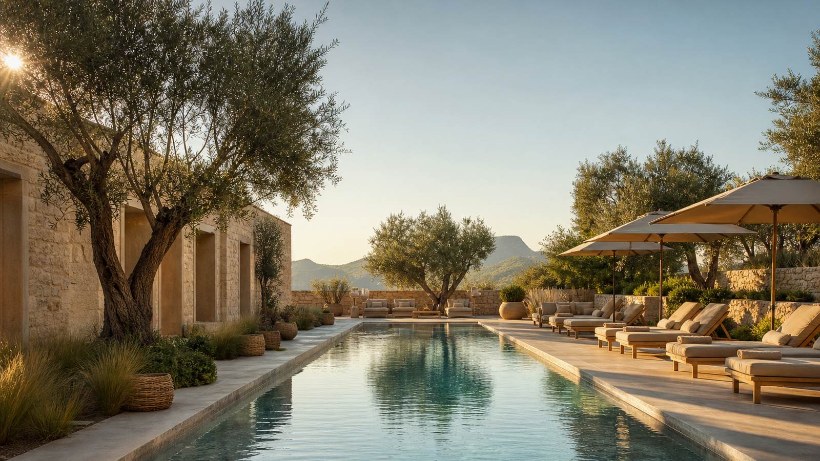 KI-generiertes Mallorca-Stimmungsbild eines mediterranen Hotel-Außenbereichs für den Hotelcheck des SON MAS in Manacor