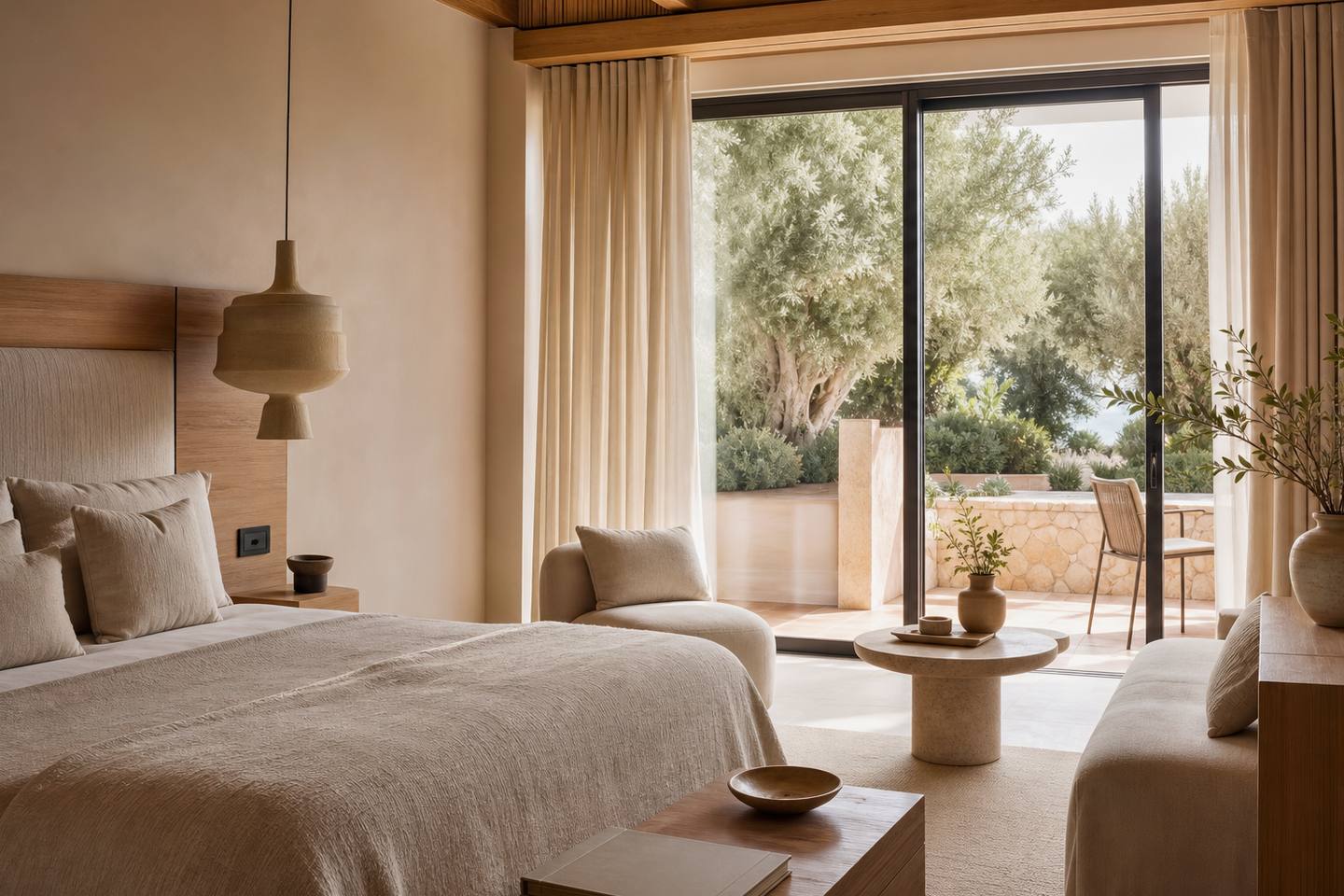 KI-generiertes redaktionelles Stimmungsbild eines mediterranen Hotelzimmers für den Hotelcheck des SON MAS in Manacor
