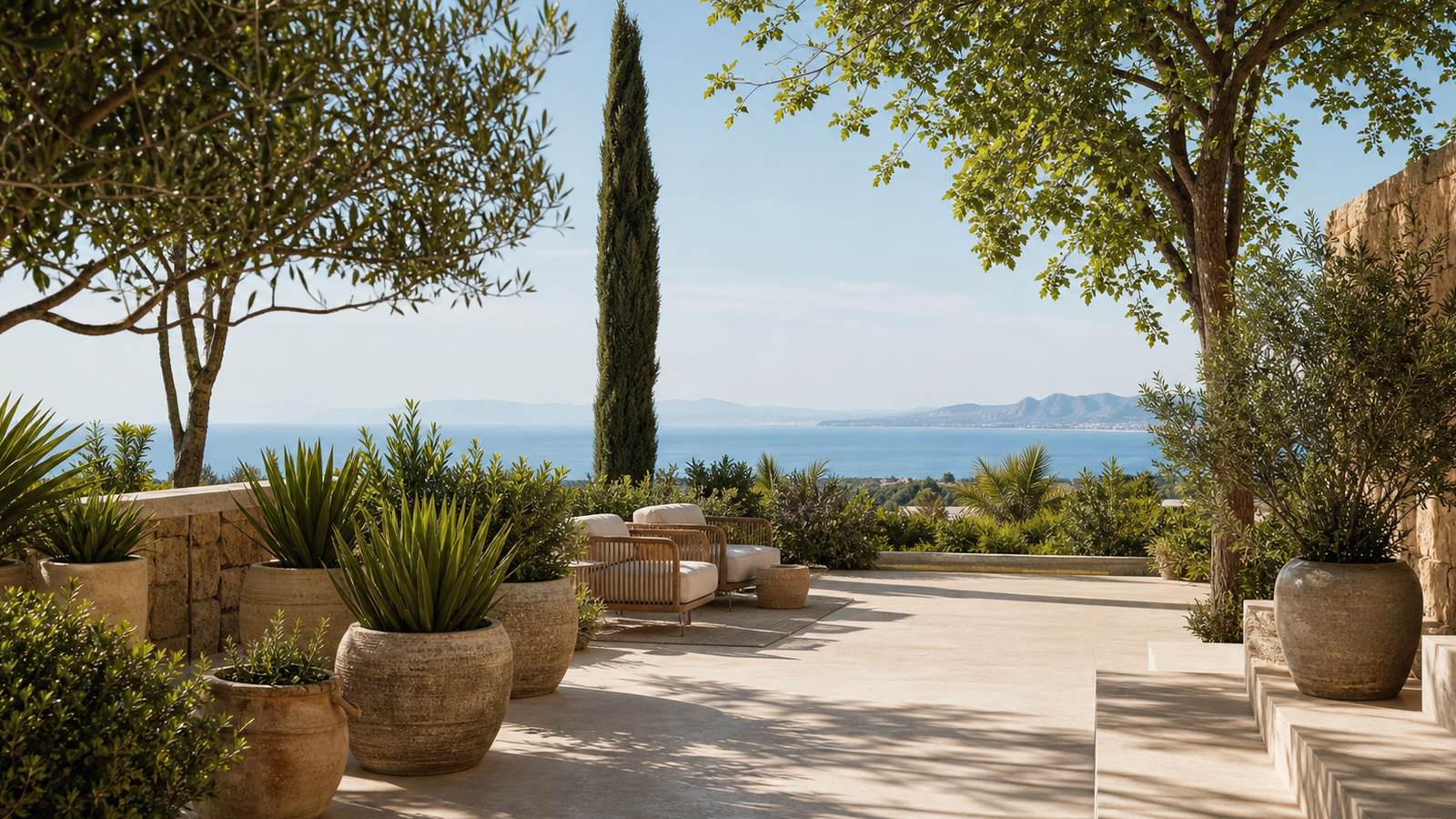 KI-generiertes Mallorca-Stimmungsbild eines mediterranen Hotel-Außenbereichs für den Hotelcheck des SON MOLL in Cala Rajada