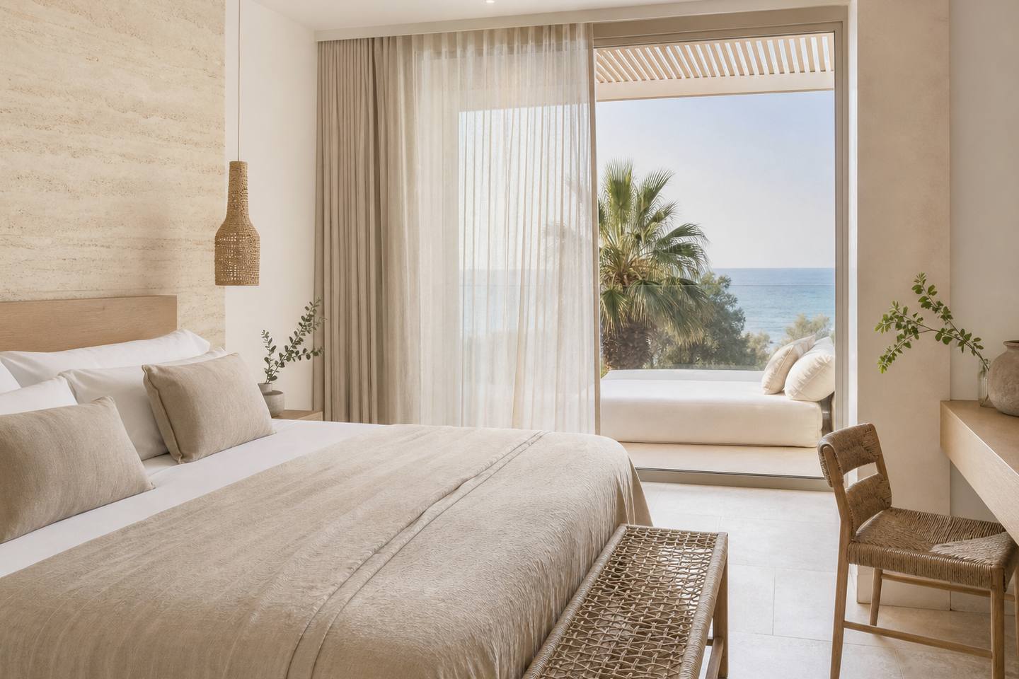 KI-generiertes redaktionelles Stimmungsbild eines mediterranen Hotelzimmers für den Hotelcheck des SON MOLL in Cala Rajada