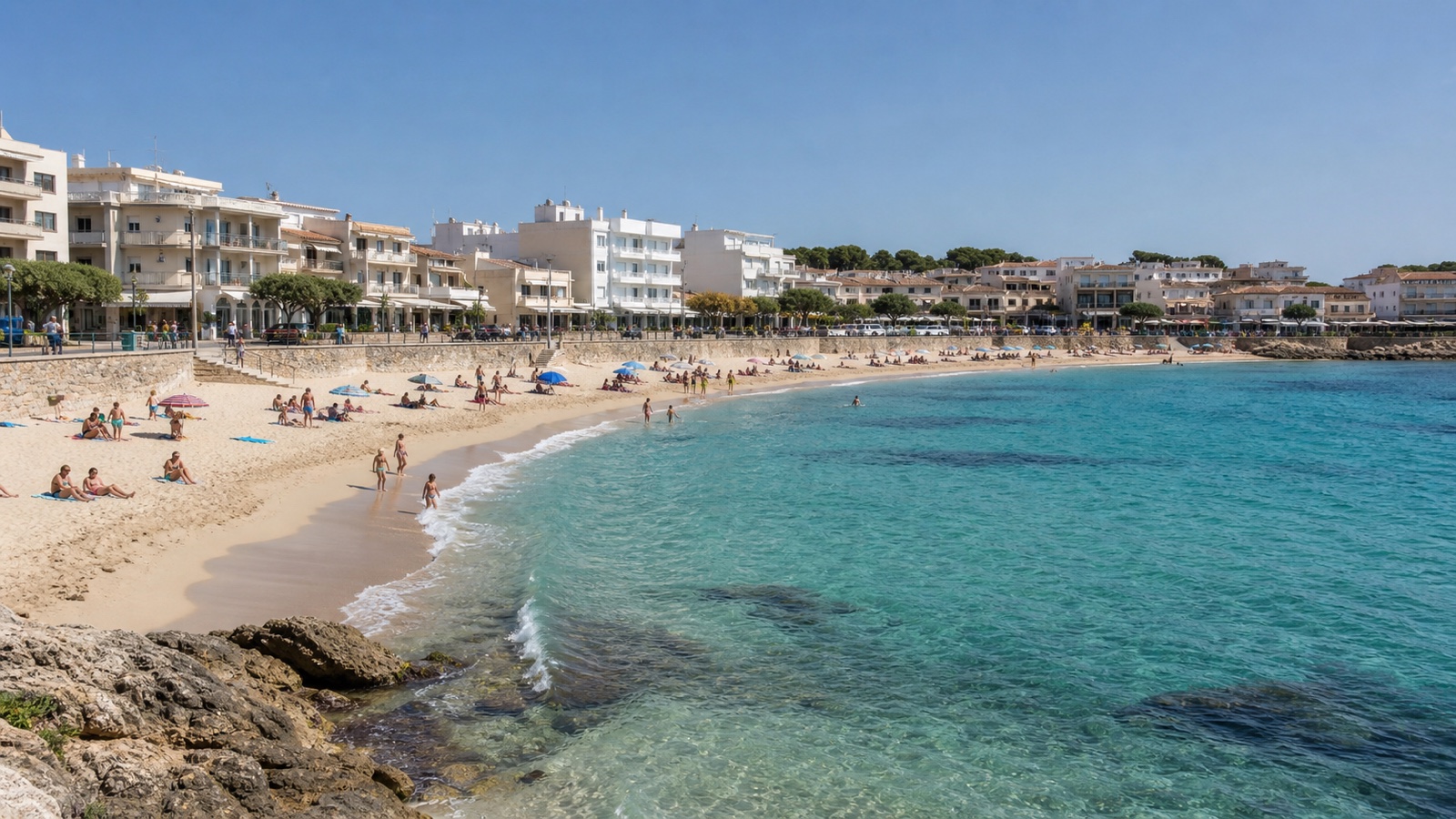 KI-generiertes Stimmungsbild des Stadtstrands Son Moll mit hellem Sand, Promenade und Cala Ratjada im Hintergrund