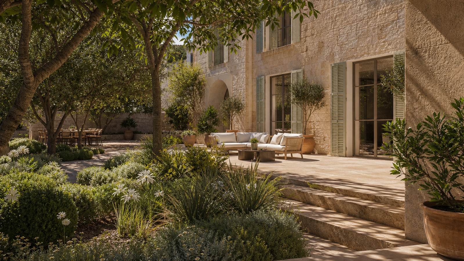 KI-generiertes Mallorca-Stimmungsbild eines mediterranen Hotel-Außenbereichs für den Hotelcheck des SON NET in Puigpunyent