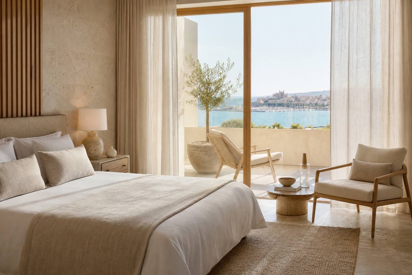 KI-generiertes redaktionelles Stimmungsbild eines mediterranen Hotelzimmers für den Hotelcheck des SON NET in Puigpunyent